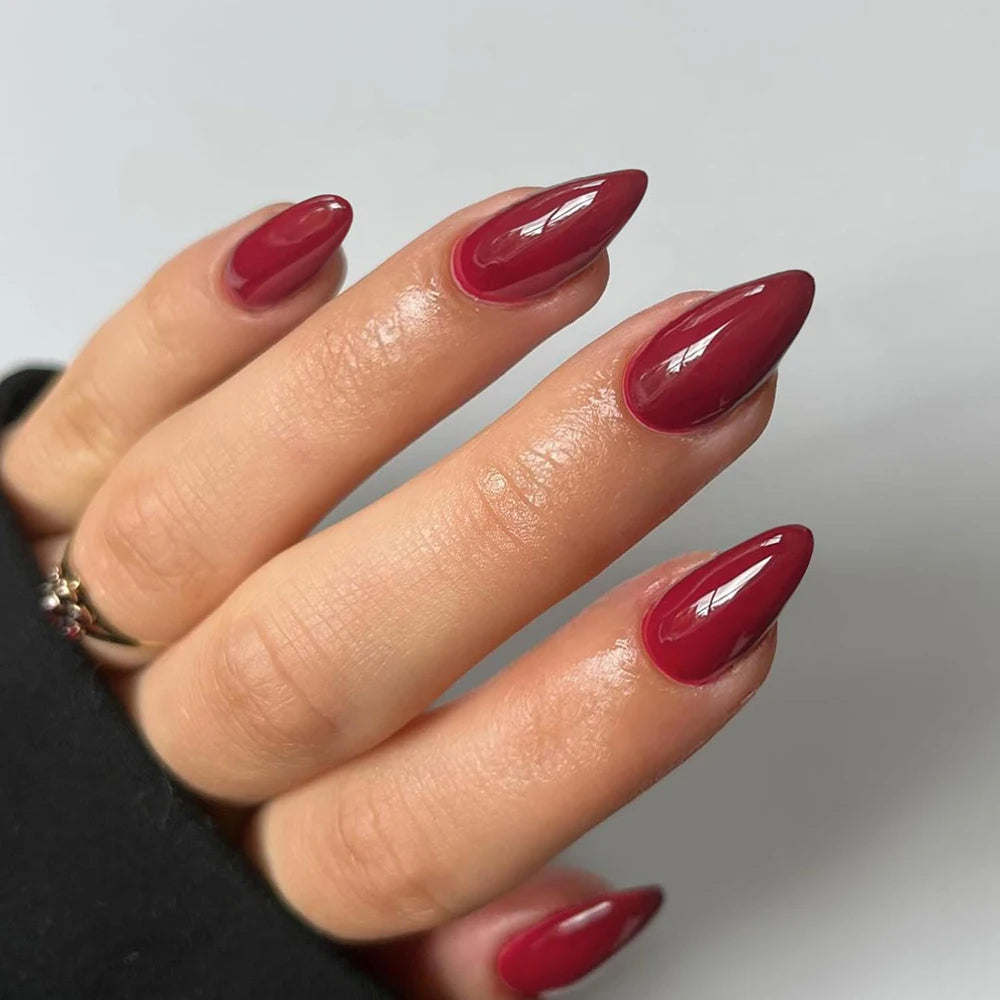 24pcs Almond Press–On Nails – Wine Red High Saturation, Korean Style for Valentine’s Day