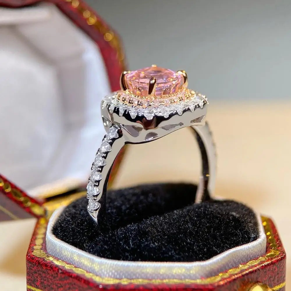 Exquisite PT950 Platinum Ring for Women – Pink Ice Square Center with Full Pavé Diamond Setting