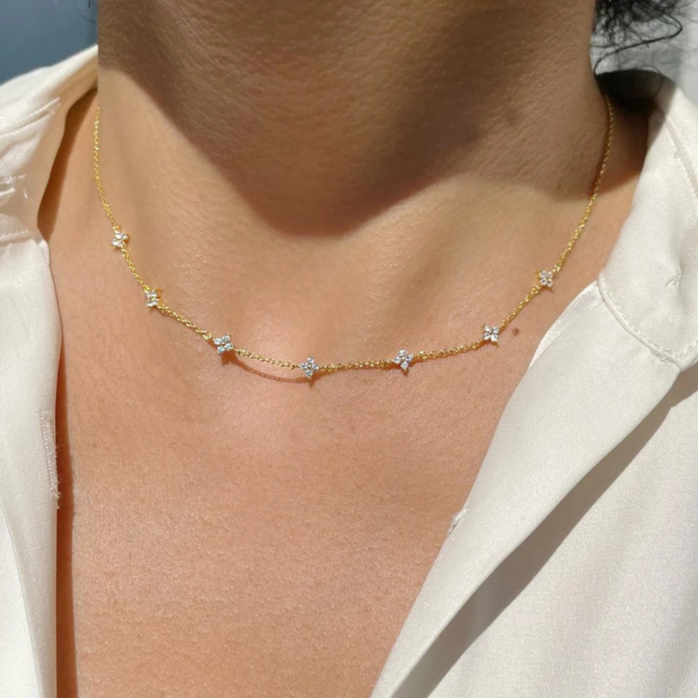 Four-Leaf Zircon Pendant Necklace – 18K Gold-Plated Stainless Steel, Exquisite Women's Jewelry Gift