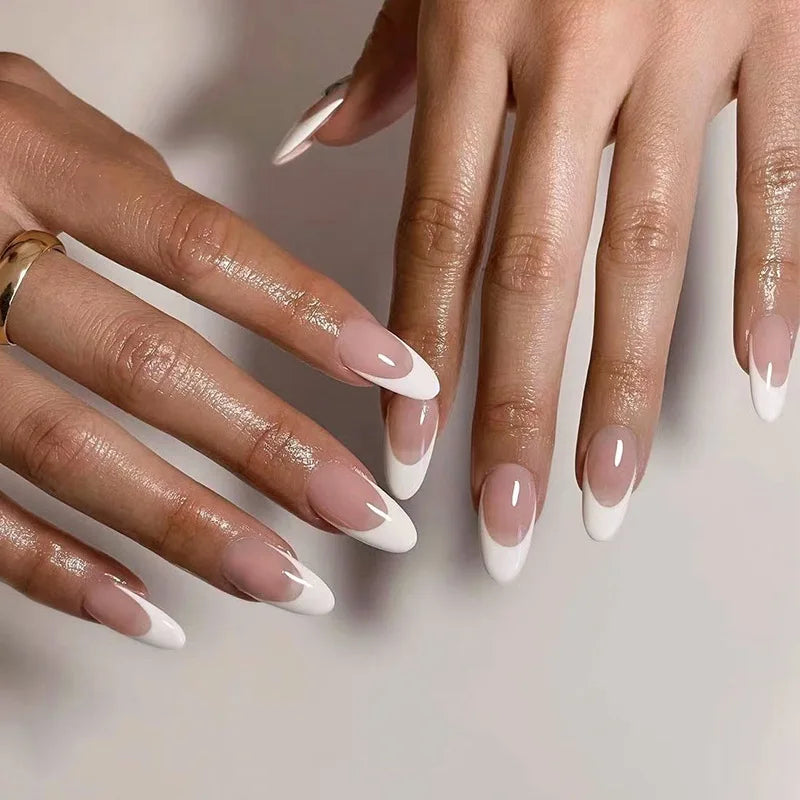 24pcs Long Almond French Tip Press-On Nails – Simple Full Cover Design