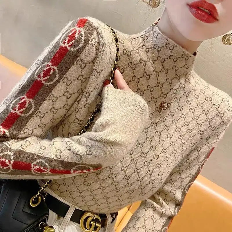 Elegant Letter Knit Pullover – Autumn Slim Fit High Collar Design