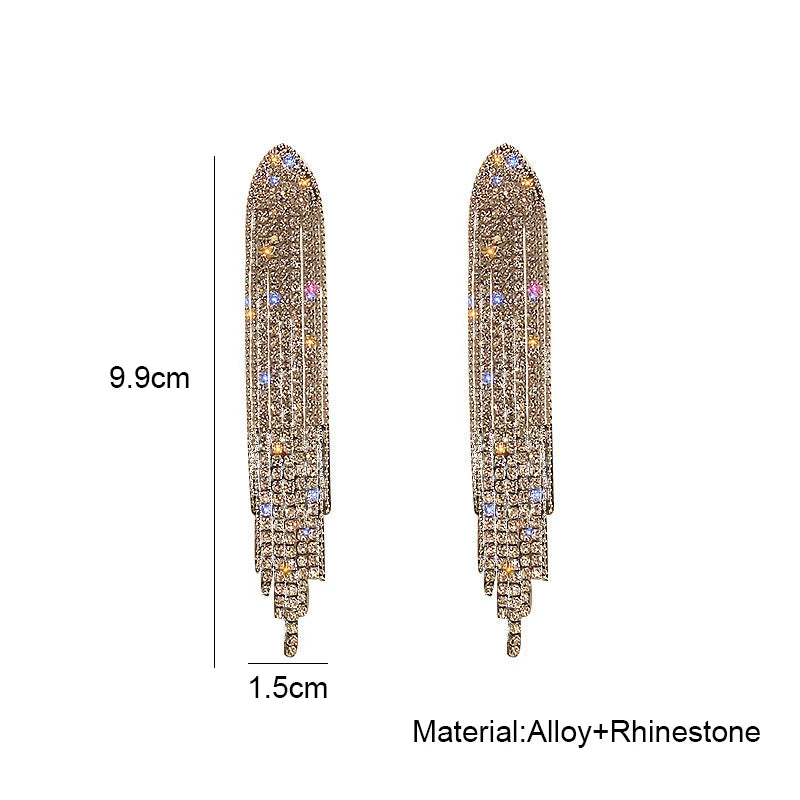 Crystal Leaf Long Tassel Earrings – Statement Gold-Tone Design, Elegant Gift Jewelry