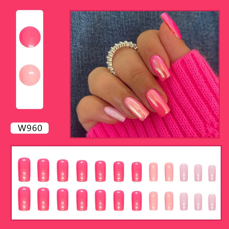 24pcs Pink Gradient Press-On Nails – Yellow Flower Design, Glossy Finish, Reusable Full Cover