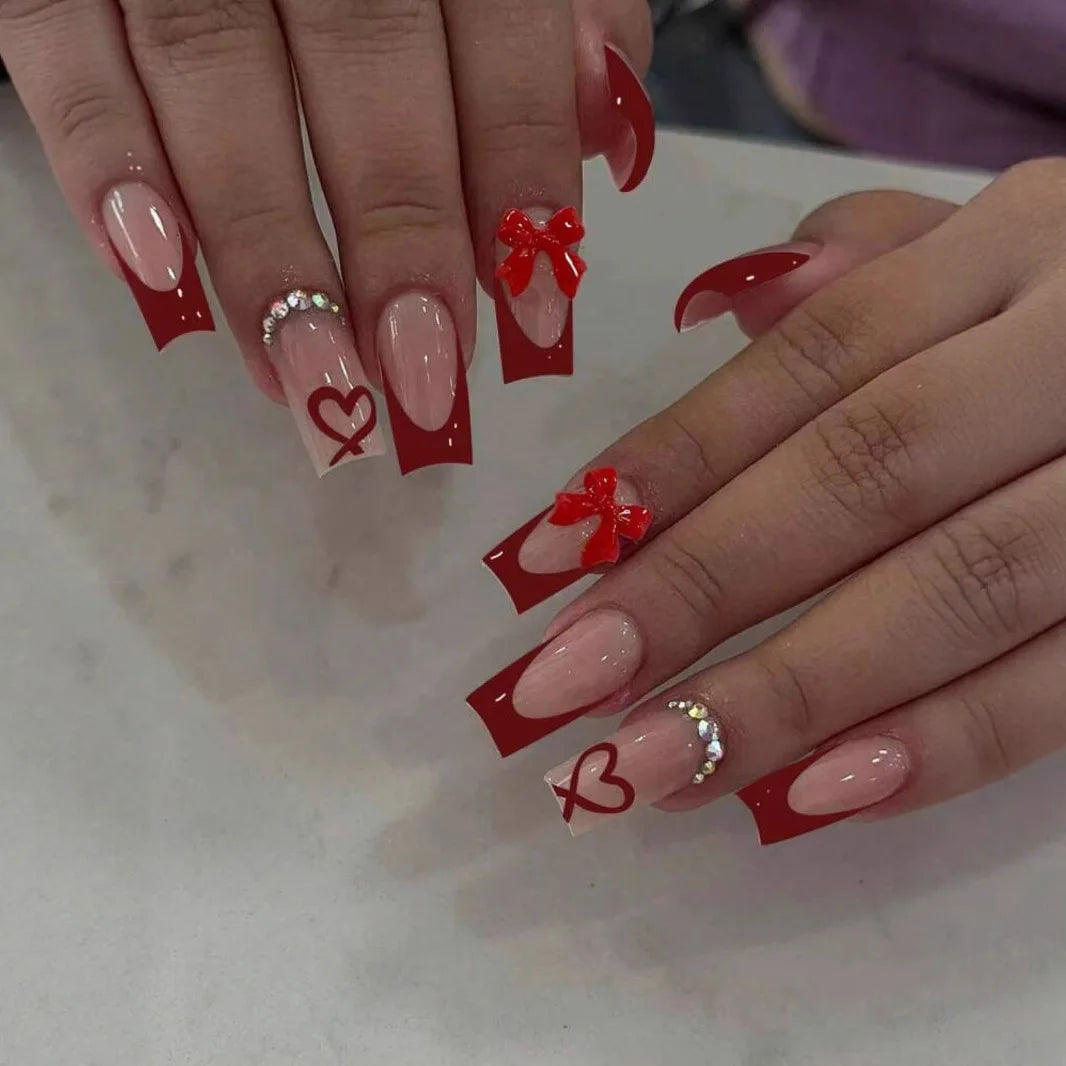 24pcs White French Press-On Nails – 3D Bowknot Design, Full Cover Wearable Set for Women