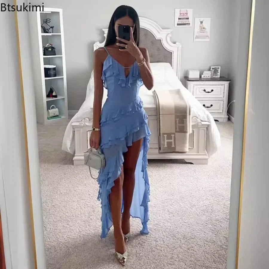 Elegant Women's V-Neck Maxi Dress – Sky Blue