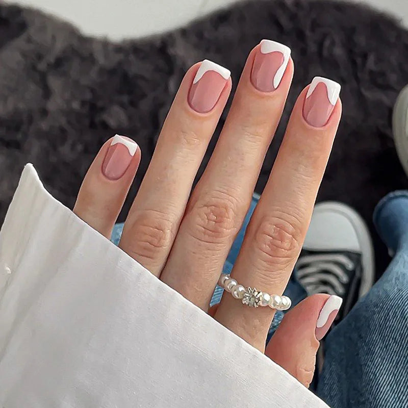 24pcs White French Press-On Nails – 3D Bowknot Design, Full Cover Wearable Set for Women
