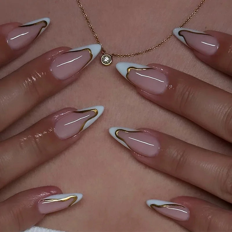 24pcs Long Almond French Tip Press-On Nails – Simple Full Cover Design