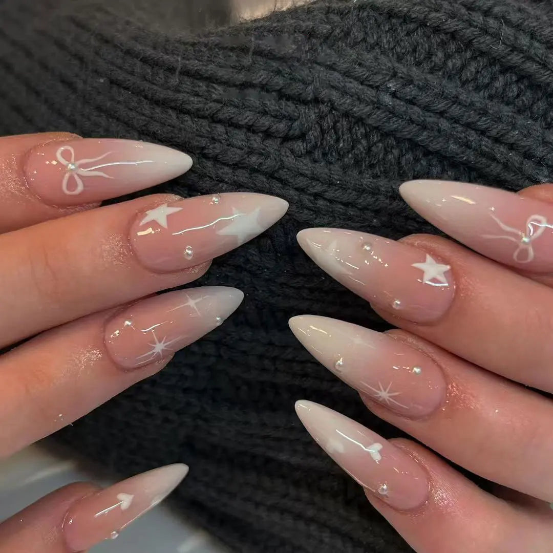 24pcs White French Press-On Nails – 3D Bowknot Design, Full Cover Wearable Set for Women
