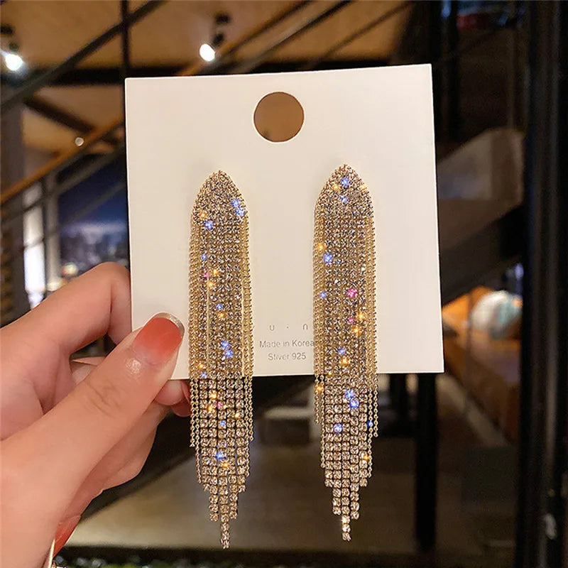 Crystal Leaf Long Tassel Earrings – Statement Gold-Tone Design, Elegant Gift Jewelry