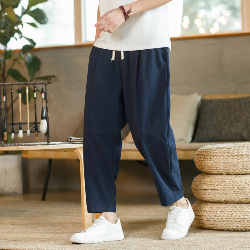 Men’s Lightweight Cotton Linen Summer Pants – Breathable, Loose Fit, Mid-Waist, Casual Style