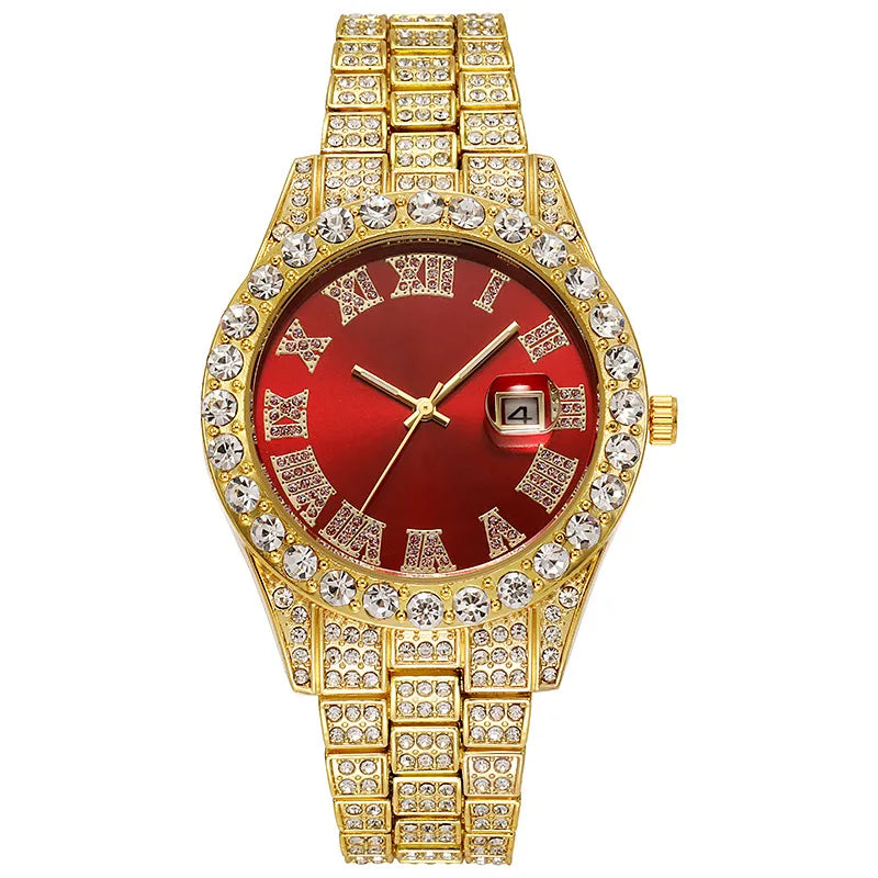 Luxury Golden Steel Men’s Watch – Roman Numerals, Rhinestone Calendar, Quartz Precision