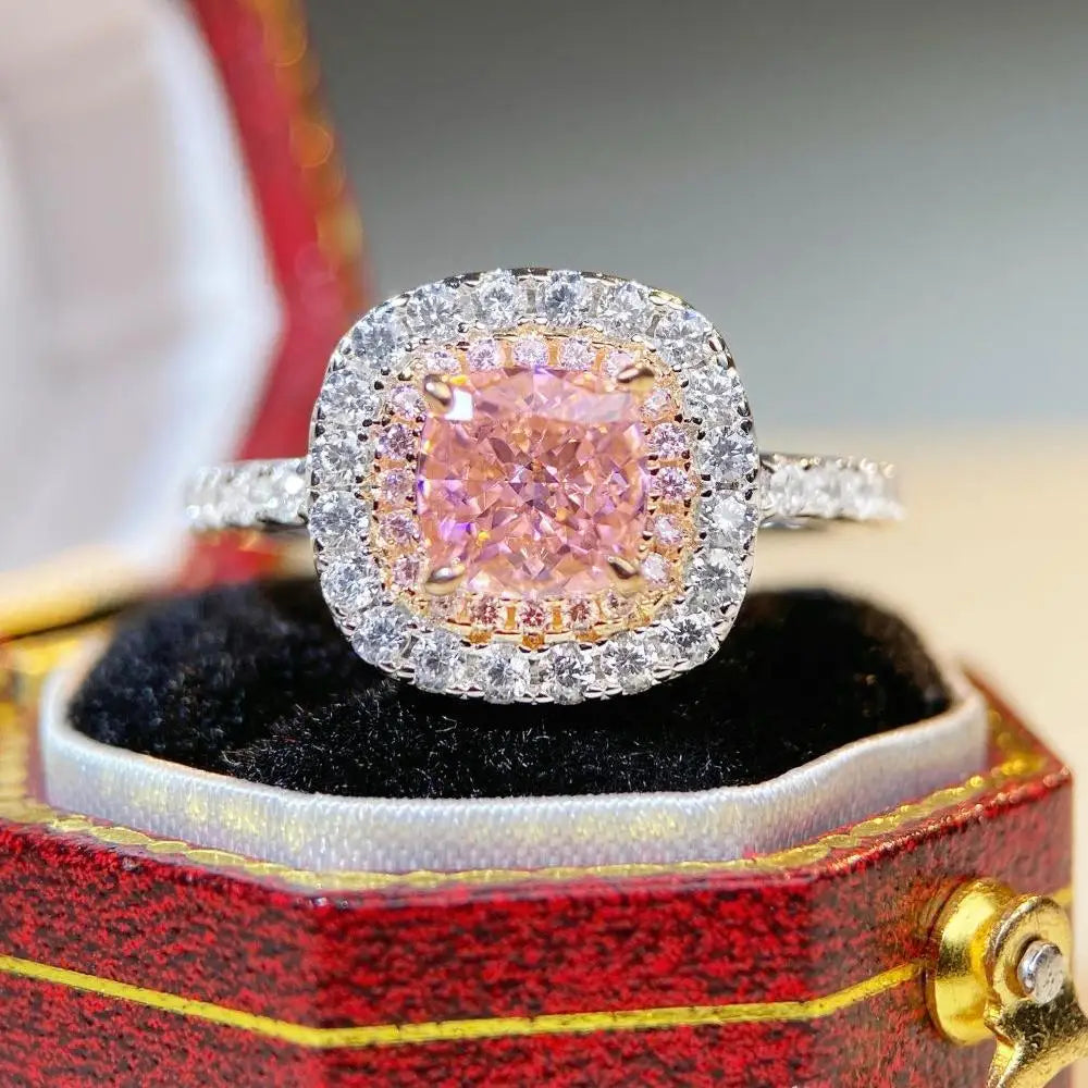 Exquisite PT950 Platinum Ring for Women – Pink Ice Square Center with Full Pavé Diamond Setting