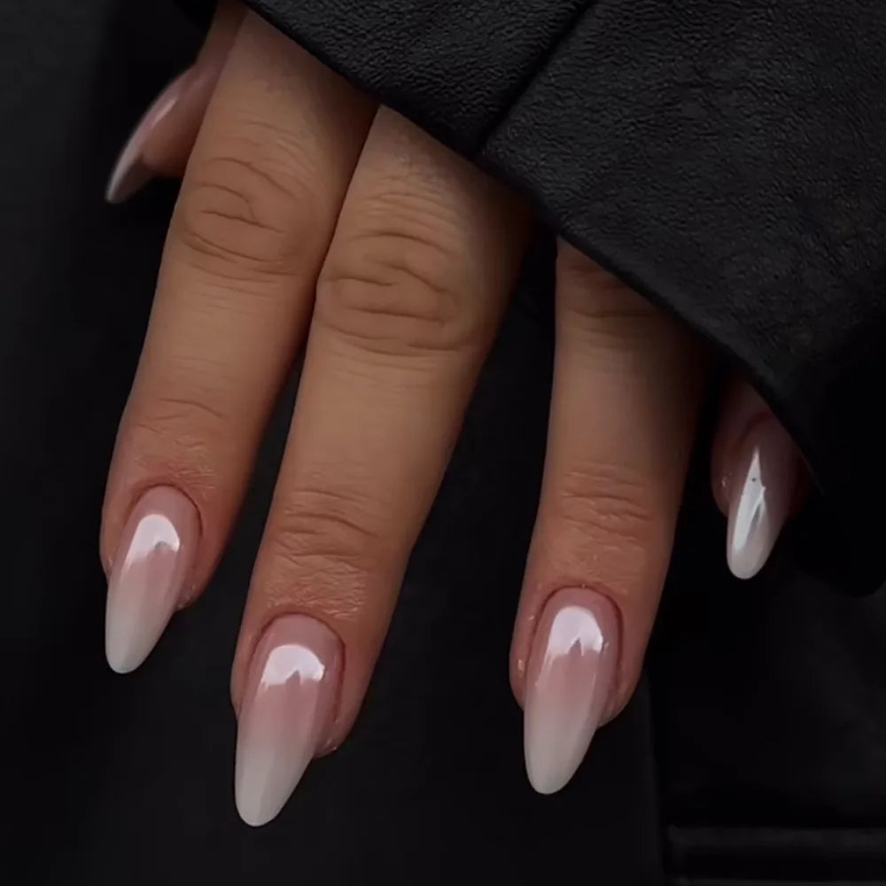 24pcs Long Almond French Tip Press-On Nails – Simple Full Cover Design