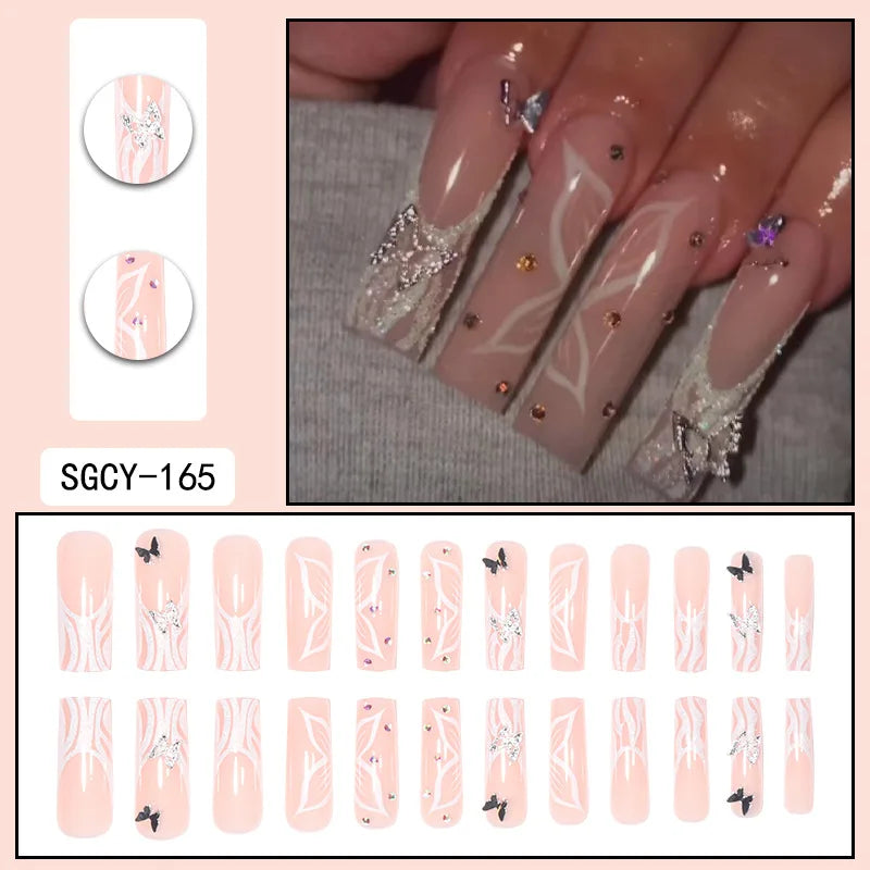 24pcs Long Coffin Press-On Nails – French Patterns with Flowers, Butterflies, and Diamond Shine