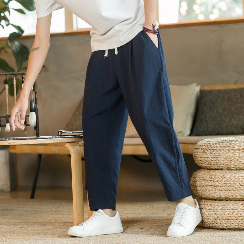 Men’s Lightweight Cotton Linen Summer Pants – Breathable, Loose Fit, Mid-Waist, Casual Style