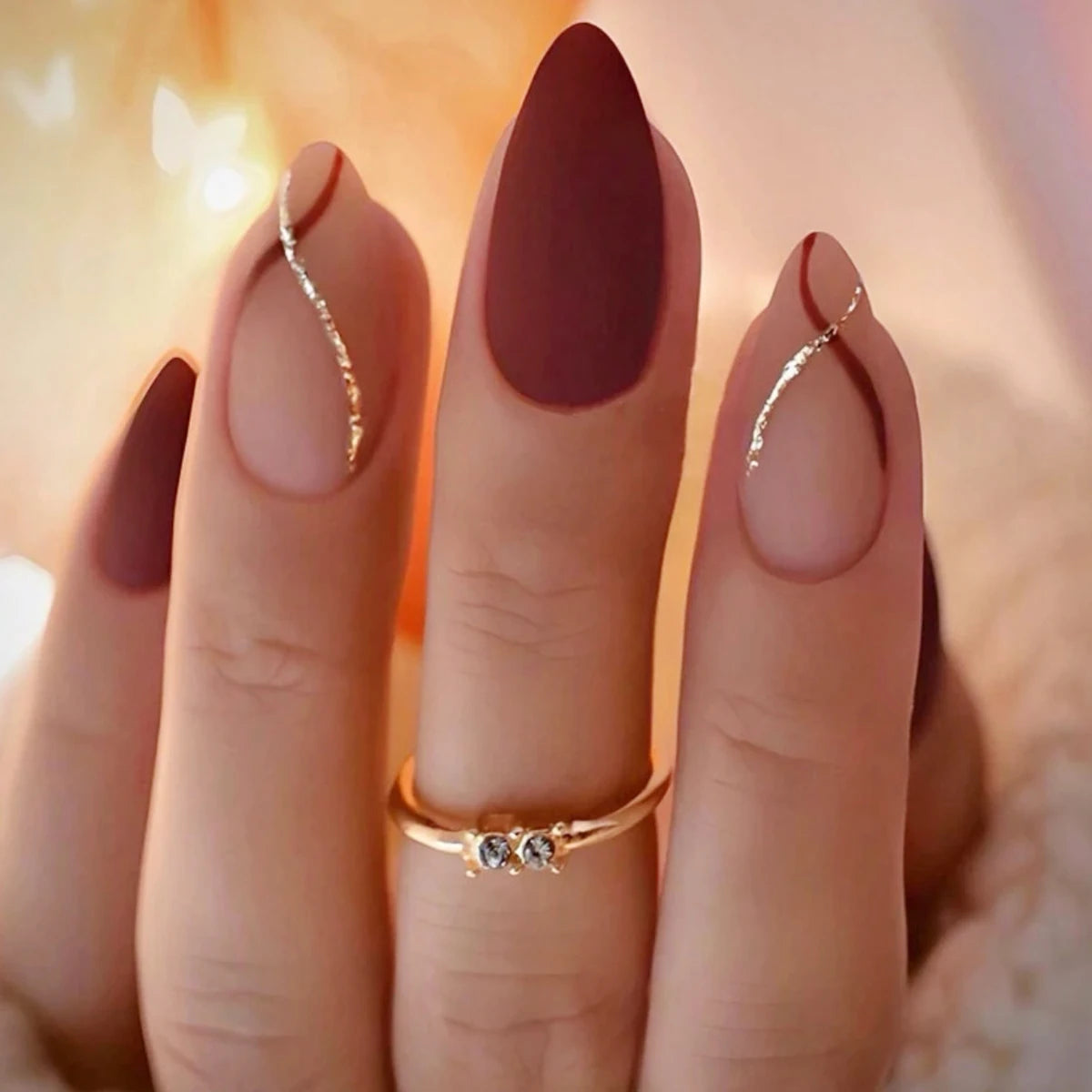 24pcs Medium Drop Shape Press-On Nails – Red Gold Matte Finish, Full Coverage Wearable Nail Set