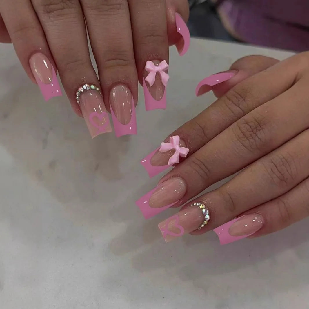 24pcs White French Press-On Nails – 3D Bowknot Design, Full Cover Wearable Set for Women