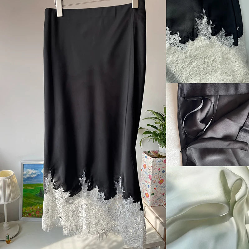 Women's Satin Midi Skirt with Detailed Floral Lace