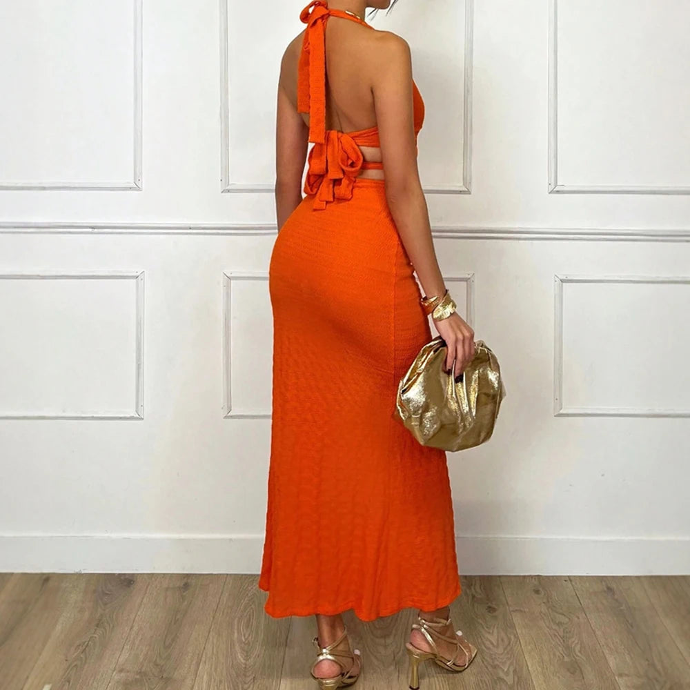 Mia Muse Women's Summer Midi Dress – French Cut-Out, Halter Neck, Side Slit, Metal Detail