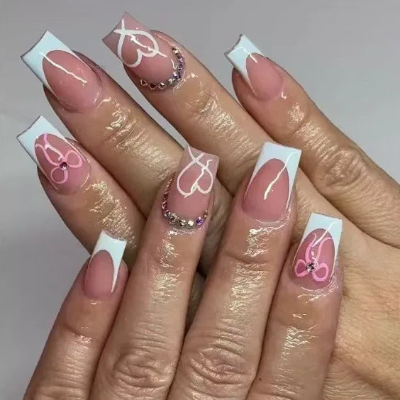 24pcs White French Press-On Nails – 3D Bowknot Design, Full Cover Wearable Set for Women