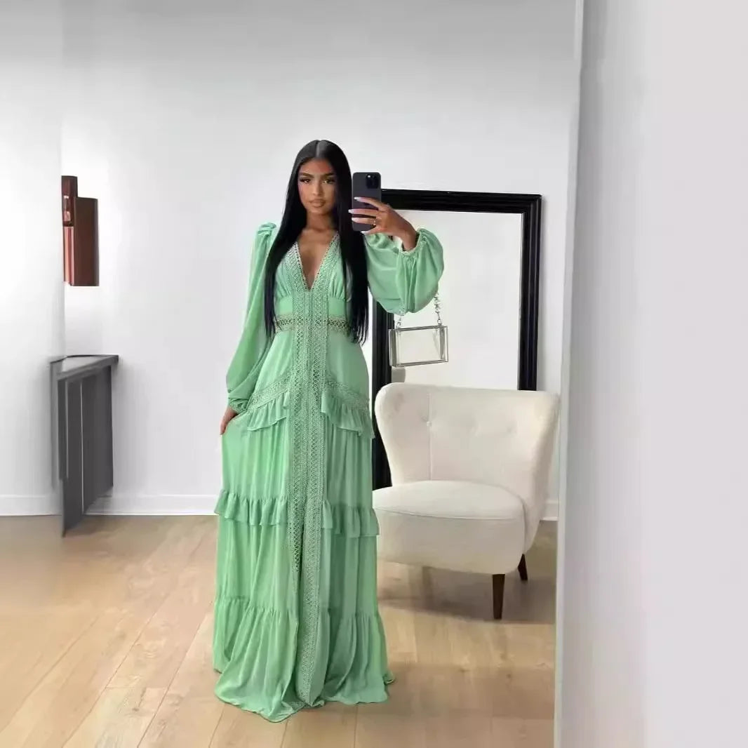 Women's Elegant Tiered Ruffle Maxi Dress – Deep Green, V-Neck & Long Sleeve Design