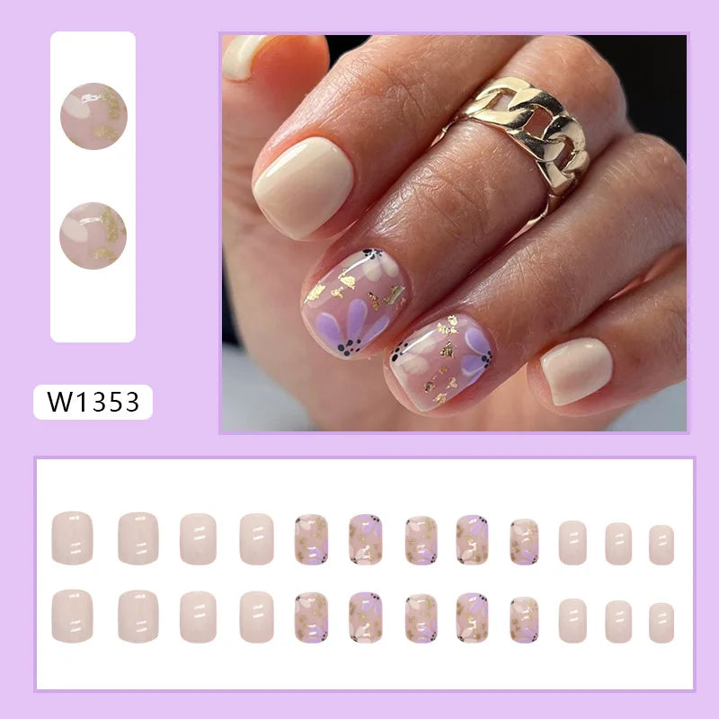 24pcs Pink Gradient Press-On Nails – Yellow Flower Design, Glossy Finish, Reusable Full Cover