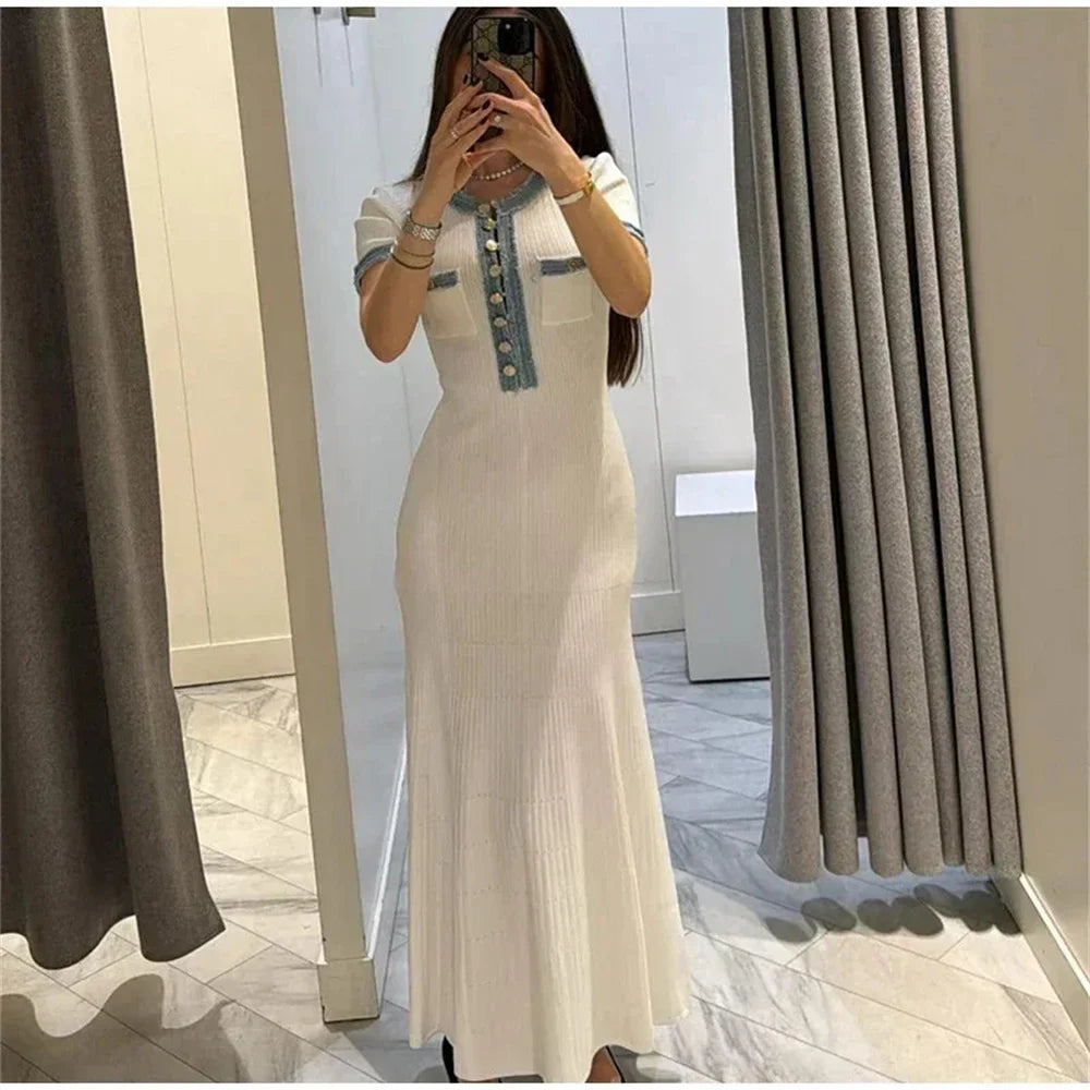 women's Elegant White Knit Bodycon Maxi Dress – Sleeve, Pocket Detail