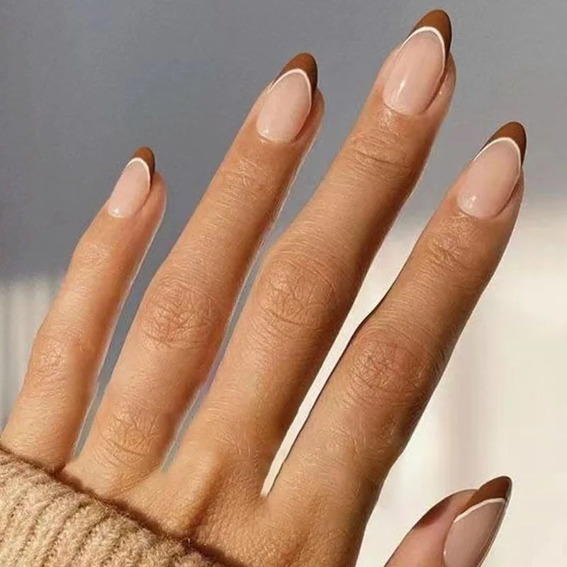 24pcs Long Almond French Tip Press-On Nails – Simple Full Cover Design