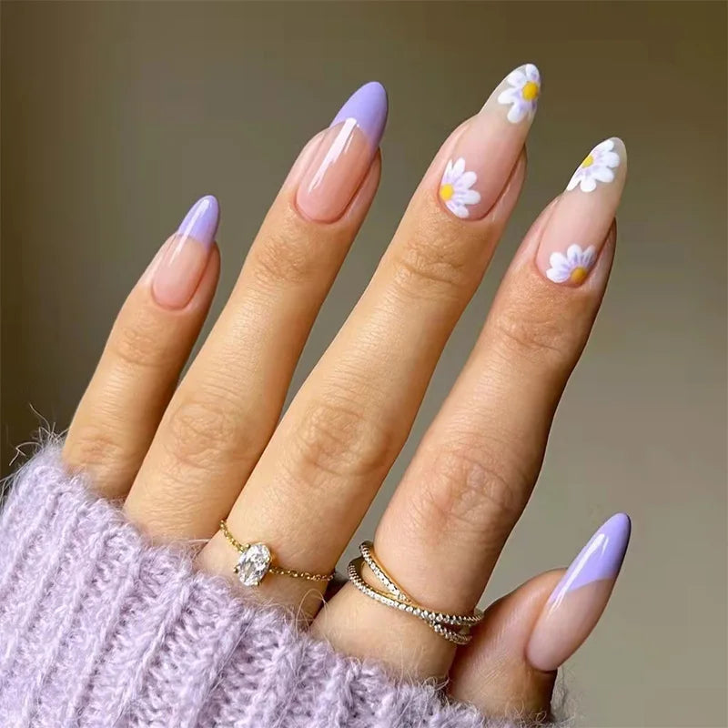 24pcs Long Almond French Tip Press-On Nails – Simple Full Cover Design