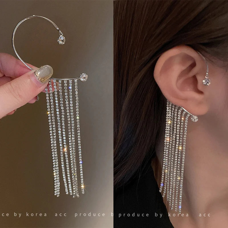Crystal Leaf Long Tassel Earrings – Statement Gold-Tone Design, Elegant Gift Jewelry