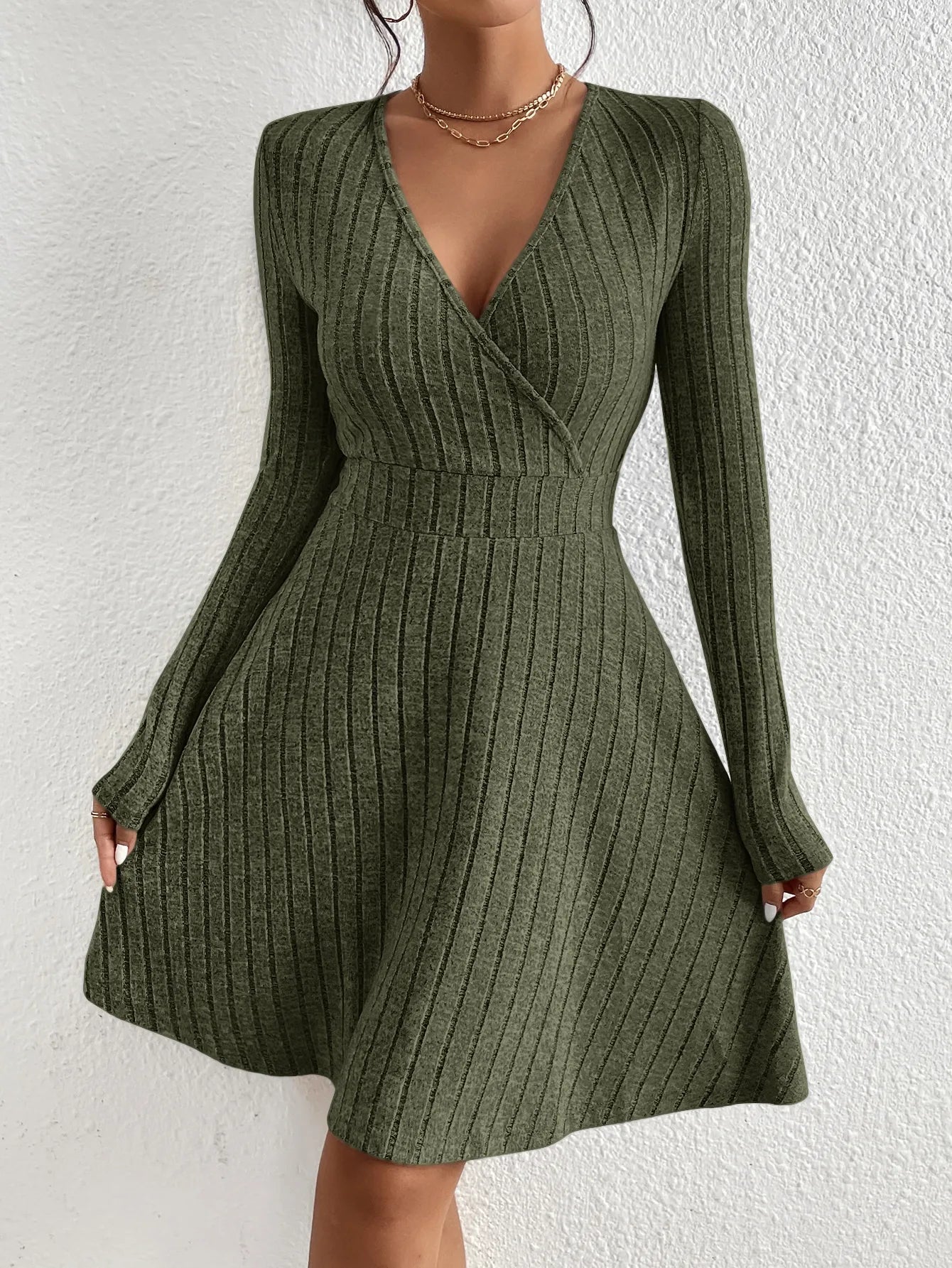Women’s Knit A-Line Dress – Elegant V-Neck Fit for Autumn/Winter
