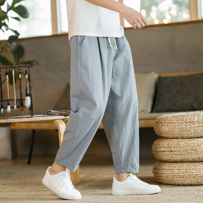 Men’s Lightweight Cotton Linen Summer Pants – Breathable, Loose Fit, Mid-Waist, Casual Style