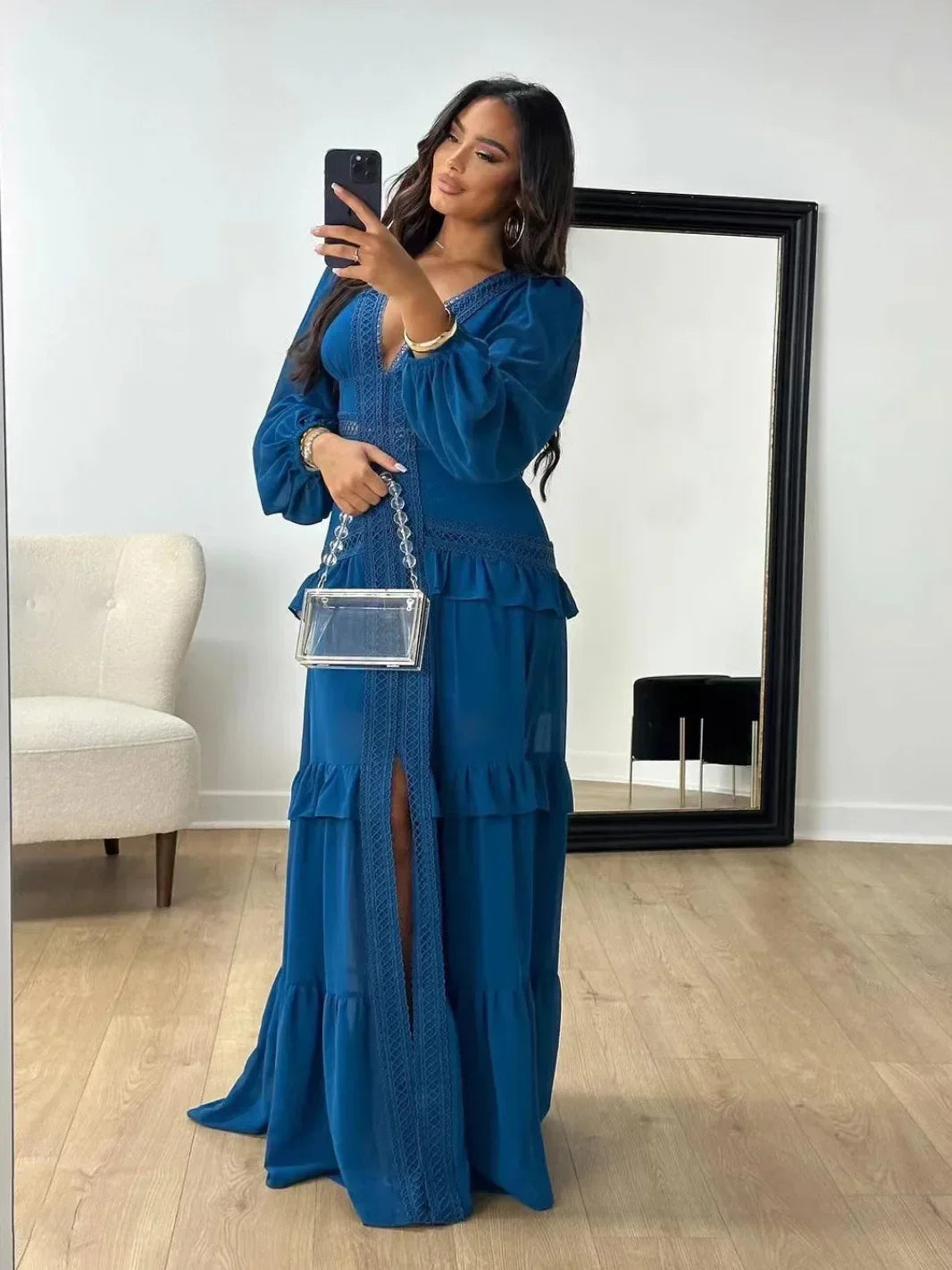 Women's Elegant Tiered Ruffle Maxi Dress – Deep Green, V-Neck & Long Sleeve Design