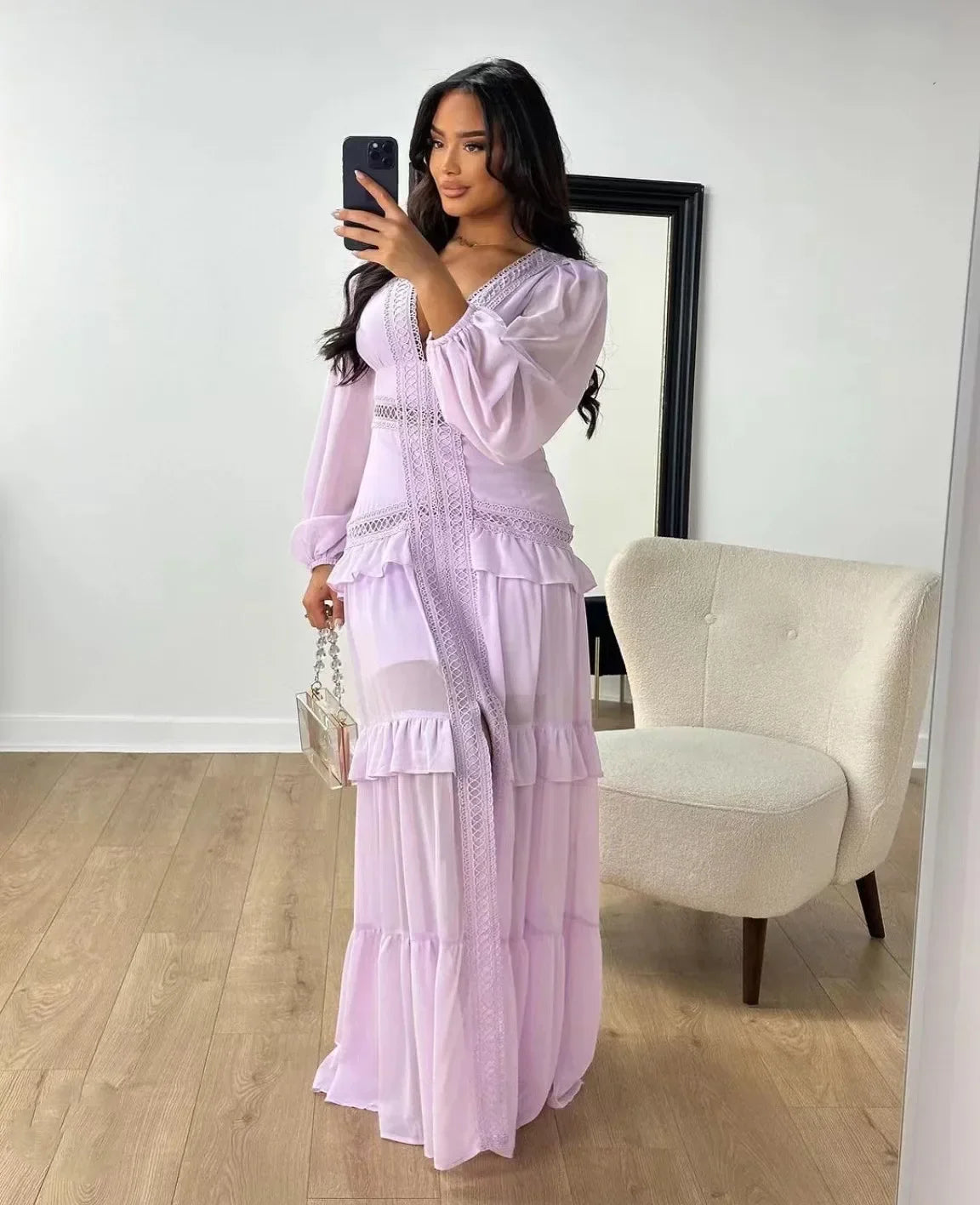 Women's Elegant Tiered Ruffle Maxi Dress – Deep Green, V-Neck & Long Sleeve Design