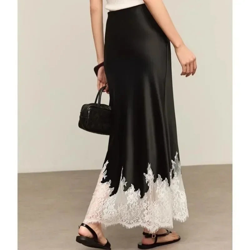 Women's Satin Midi Skirt with Detailed Floral Lace