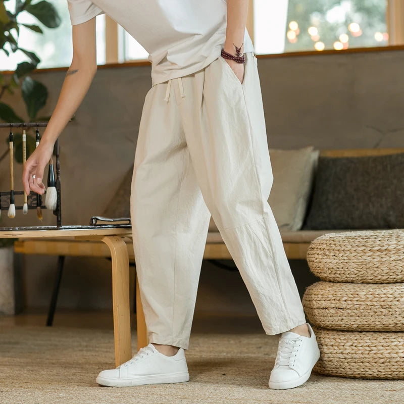 Men’s Lightweight Cotton Linen Summer Pants – Breathable, Loose Fit, Mid-Waist, Casual Style