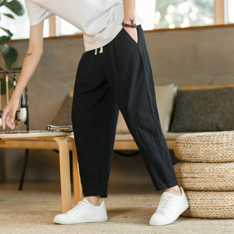 Men’s Lightweight Cotton Linen Summer Pants – Breathable, Loose Fit, Mid-Waist, Casual Style