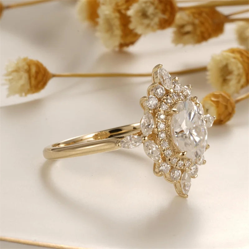 Solid 14K Yellow Gold Oval-Cut Moissanite Engagement Ring | 1CT Handcrafted Floral Design for Women