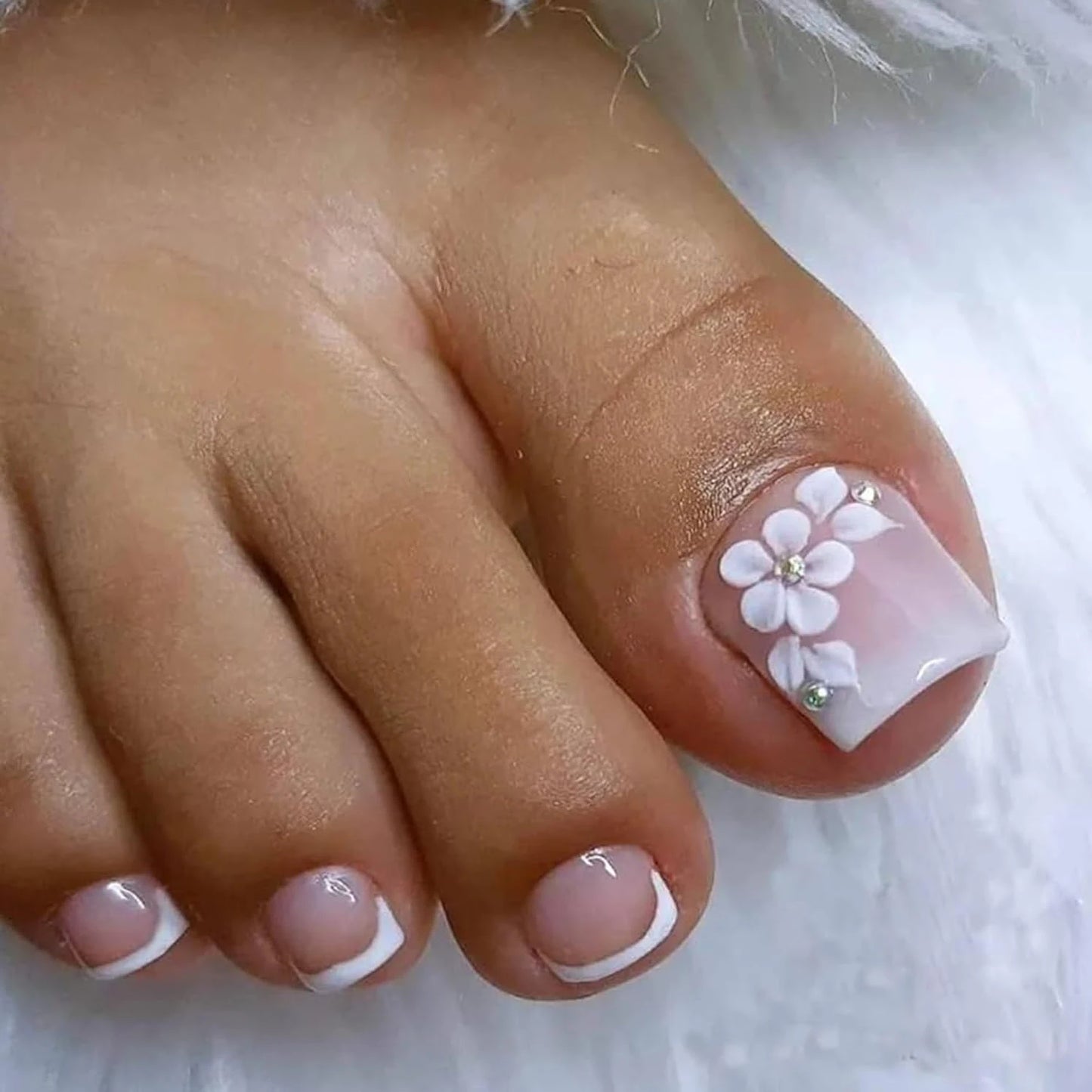 24pcs Nude French Tip Press-On Toe Nails – Square Shape, Glossy Finish