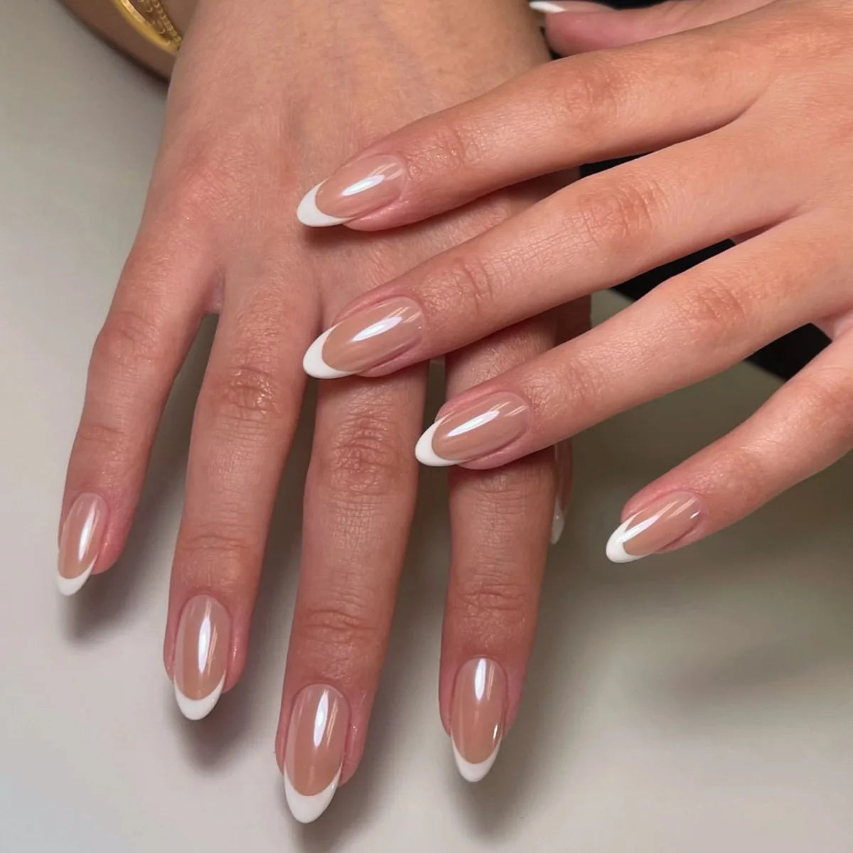 24pcs Long Almond French Tip Press-On Nails – Simple Full Cover Design