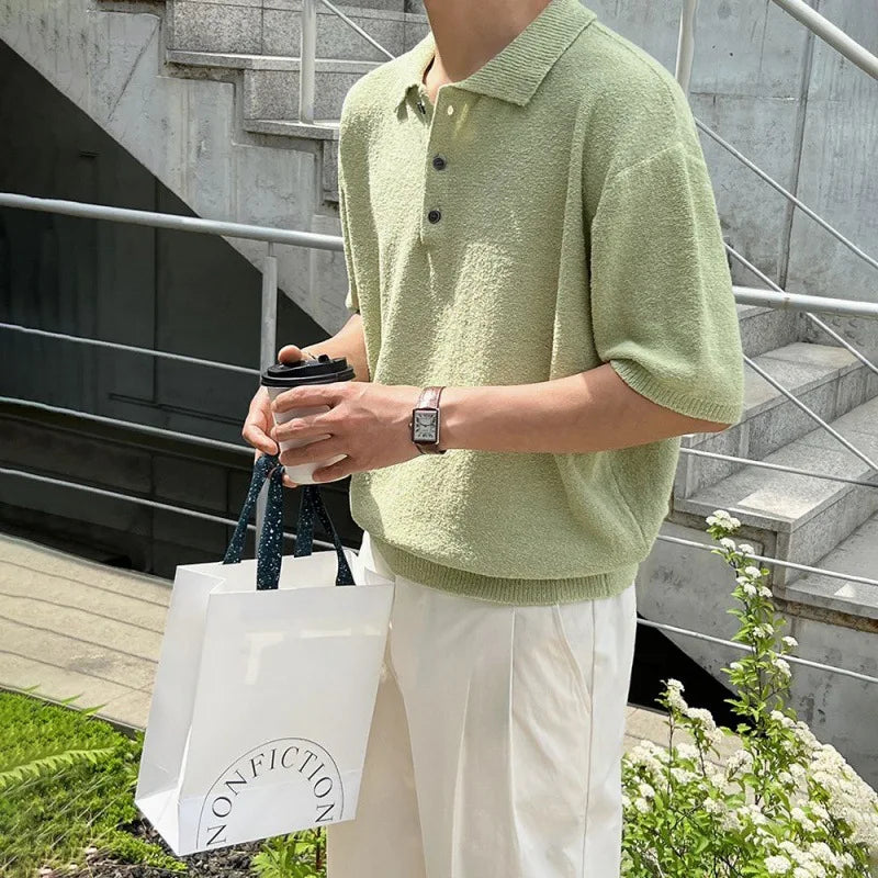 Men's Vintage-Inspired Knit Polo – Soft Weave, Lapel Collar, Smart Casual Fit