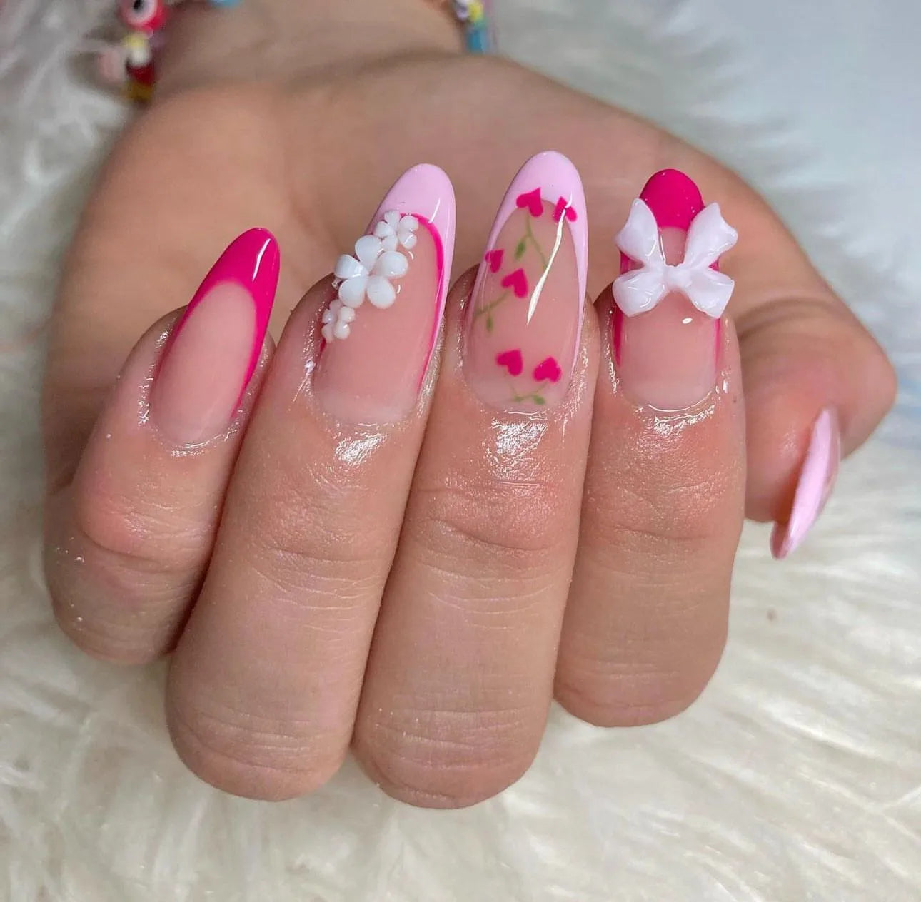 24pcs Medium Stiletto Press-On Nails – Pink Bowknot Fingertip Design, Full Cover Set