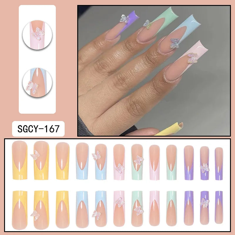 24pcs Long Coffin Press-On Nails – French Patterns with Flowers, Butterflies, and Diamond Shine