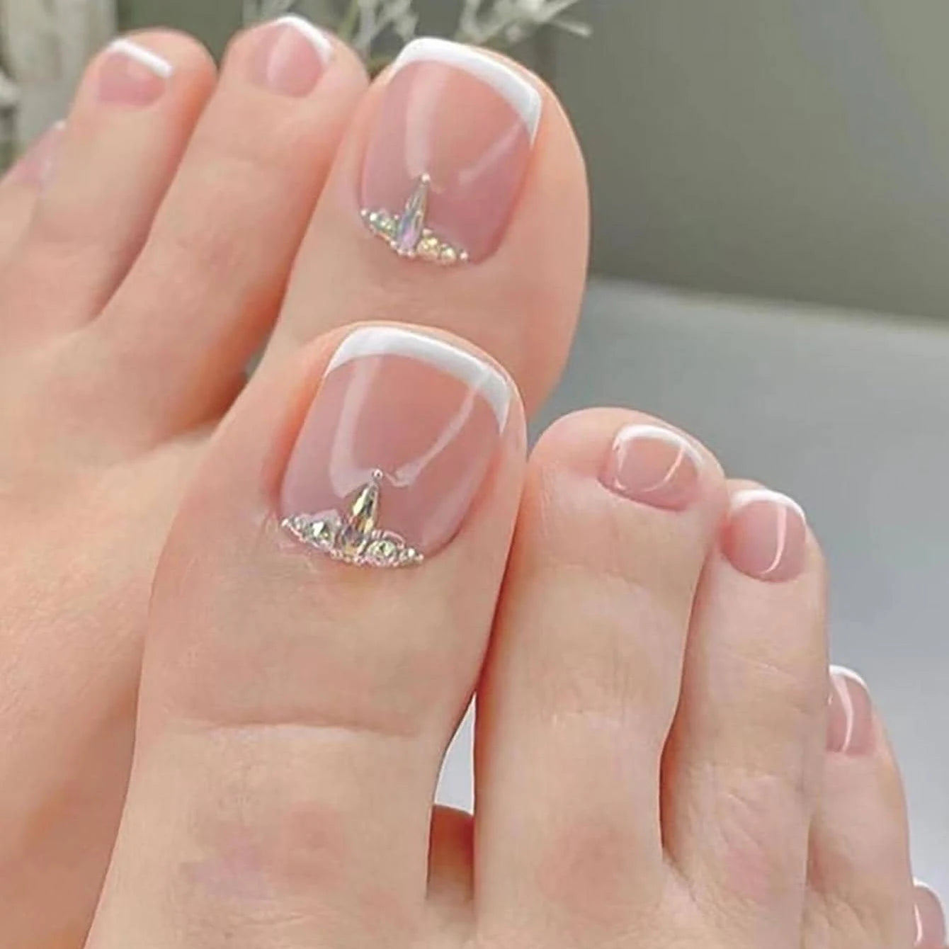 24pcs Nude French Tip Press-On Toe Nails – Square Shape, Glossy Finish