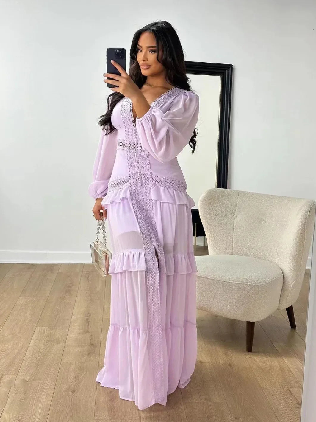 Women's Elegant Tiered Ruffle Maxi Dress – Deep Green, V-Neck & Long Sleeve Design