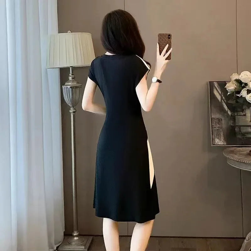 Elegant French Style Summer Dress – Slim Fit, Mid-Calf Length