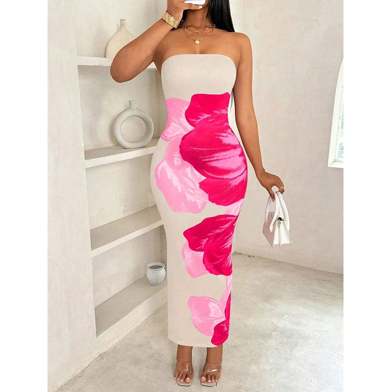 Women's Elegant Slim-Fit Long Dress – Printed Design with Slit Detail