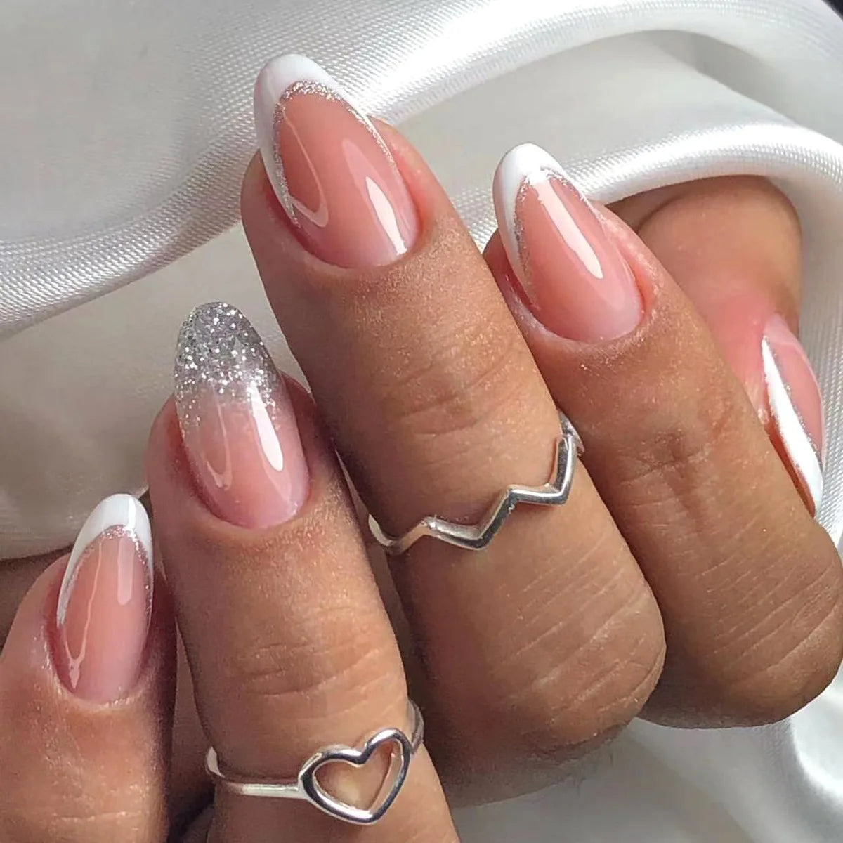 24pcs Long Almond French Tip Press-On Nails – Simple Full Cover Design