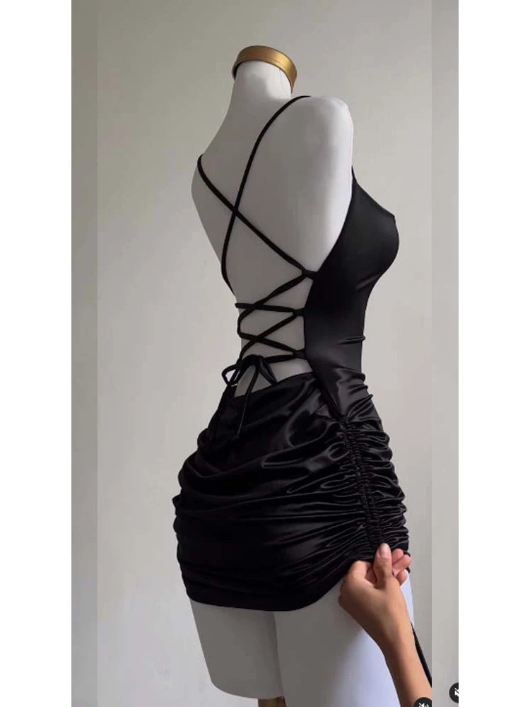 Women's Satin Bodycon Mini Dress – Sleeveless, Backless, Lace-Up Party Style