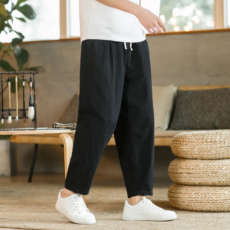 Men’s Lightweight Cotton Linen Summer Pants – Breathable, Loose Fit, Mid-Waist, Casual Style